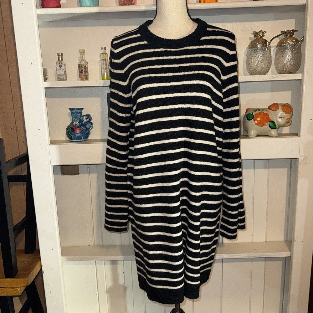 Madewell Black White Striped Button Sleeves Merino Wool Knit Sweater Dress Large - Picture 2 of 8